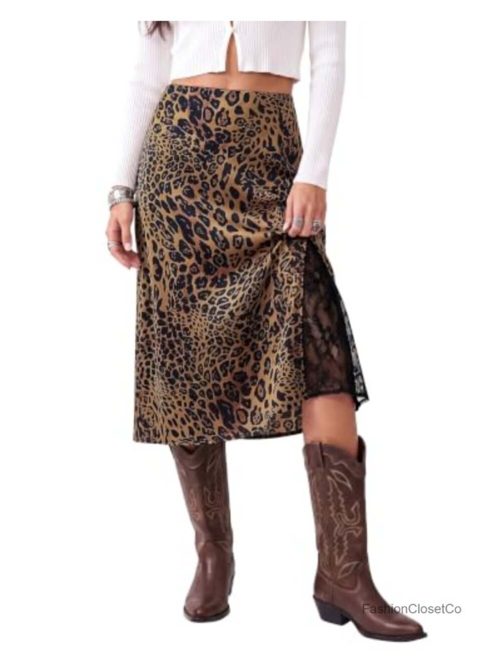 Satin A-Line Midi Skirt High Waist Lace Slit Animal Print